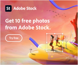 An Adobe Stock promotional interface showcasing a graphic design poster. The offer includes 10 free assets for new users to explore.