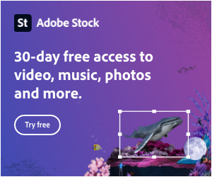 A promotional interface showcasing Adobe Stock's 30-day free access offer for video, music, and creative assets. Features interface elements and text possibly related to a reef theme.