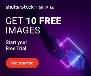 A vibrant promotional interface with electric blue and violet text, featuring dynamic graphics promoting Shutterstock's free trial offer for 10 downloadable assets.