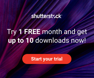 A graphical user interface promoting a free trial with up to 10 downloads. Features decorative elements including flowers in purple and violet tones, along with text and graphics from Shutterstock.