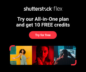 A graphical user interface promoting an 'All-in-One' plan with 10 free credits. Features 'Try for free' text and Shutterstock Flex logo, with elements showing clothing, a woman, graphic design, and a human face.